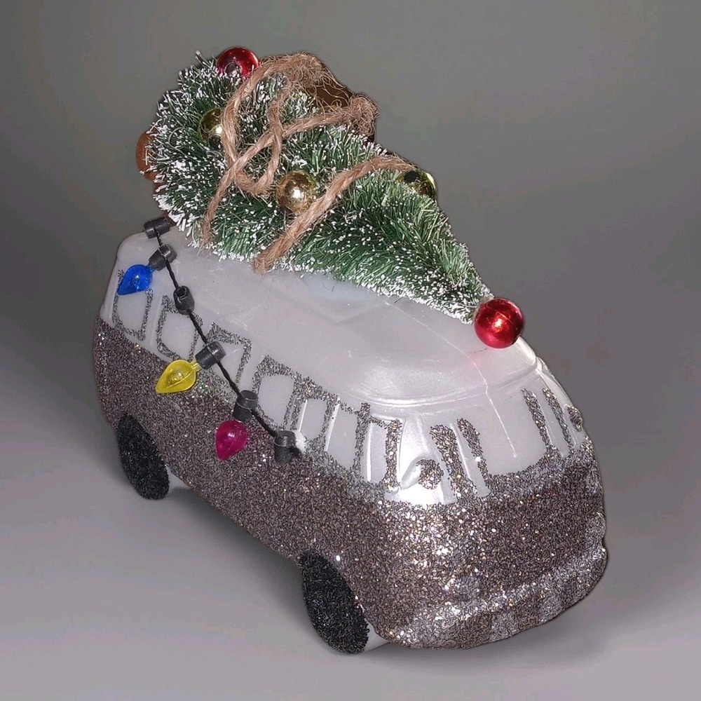 VW Bus Christmas Tree Ornament Silver Glitter String‎ Lights NEW NWT